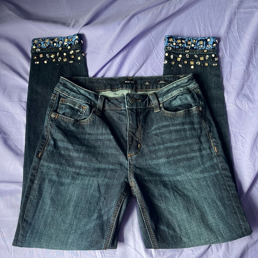 Miss Me Jeans Ankle Skinny with Blue Velvet and Jewels on the bottoms size 27